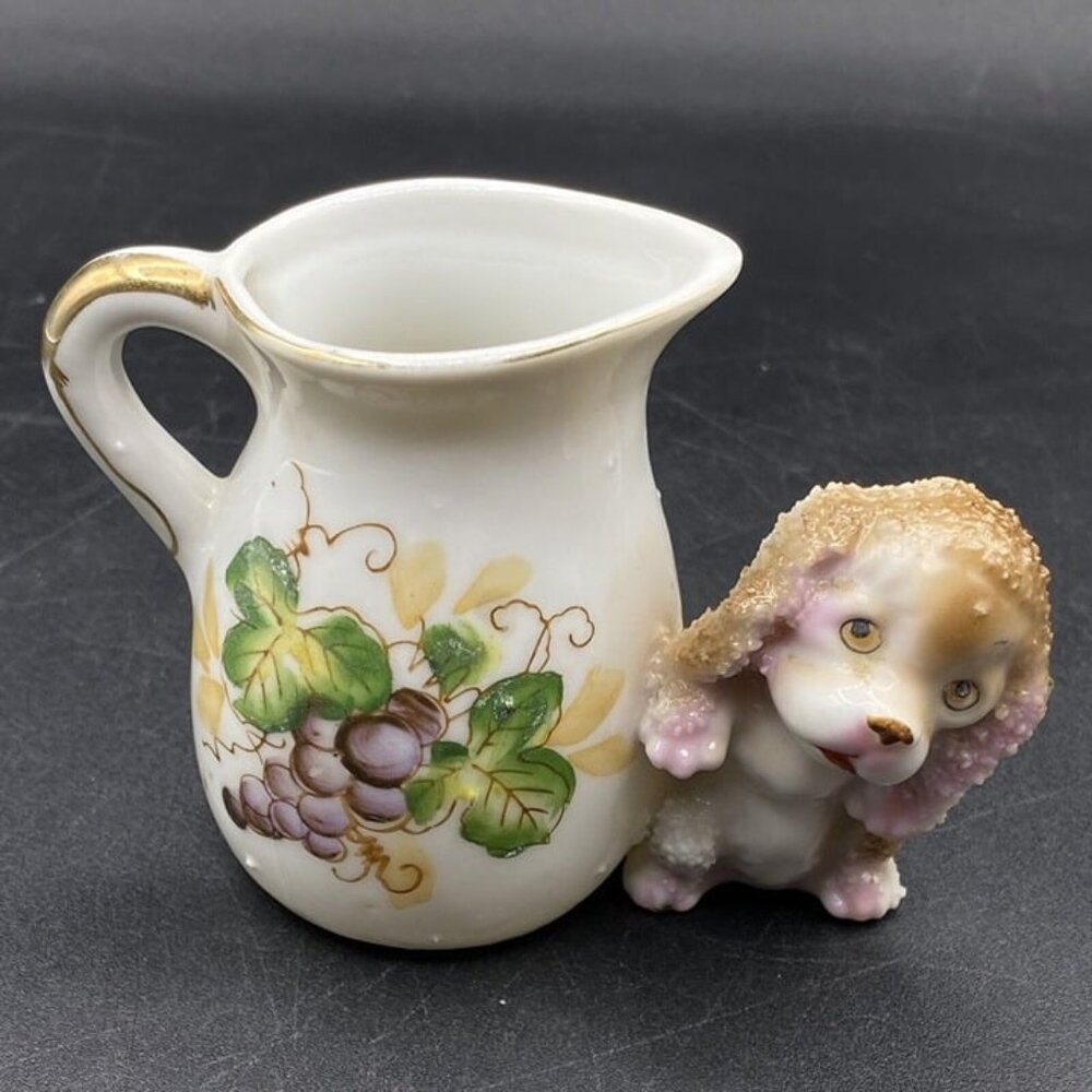 Adorable Spaghetti Texture Puppy Figure Attached To 3” Creamer Japan MCM